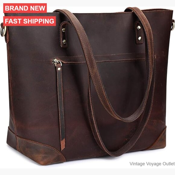 Large Genuine Leather Tote Bag with Laptop Compartment Adjustable Strap
